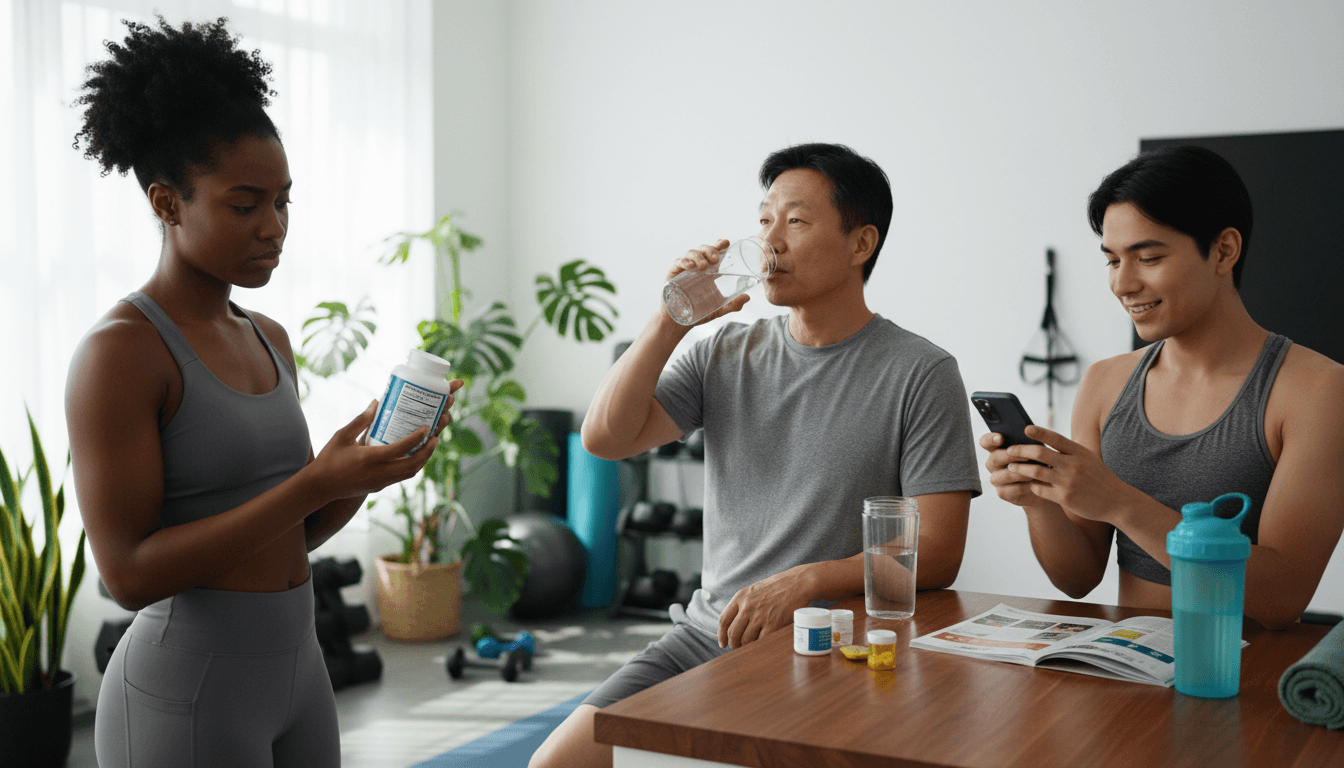 Community members gathering in a wellness space with supplements and health resources
