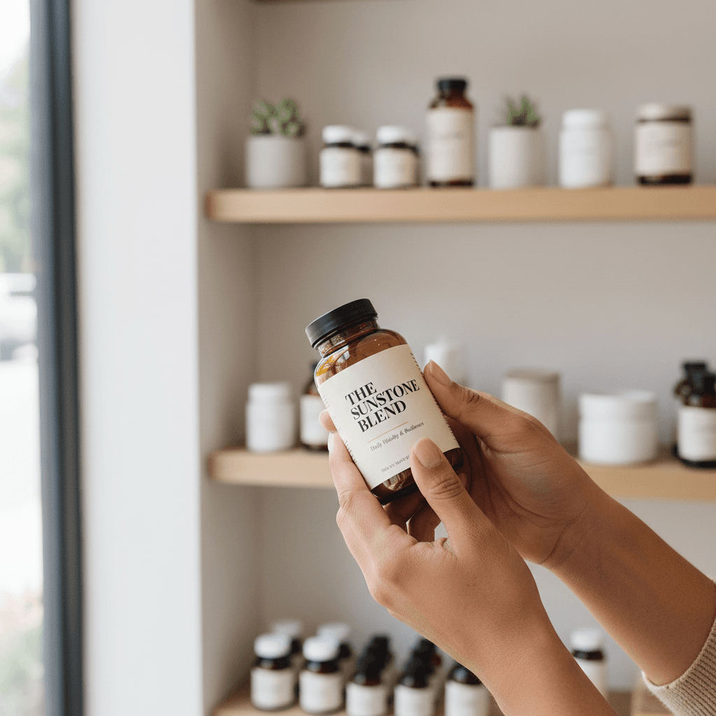 Person holding supplement bottle in bright wellness environment